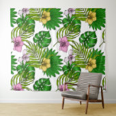 Orchideeën en palmbladeren, roze, geel, groen en w wandkleed (In Situ (horizontaal))