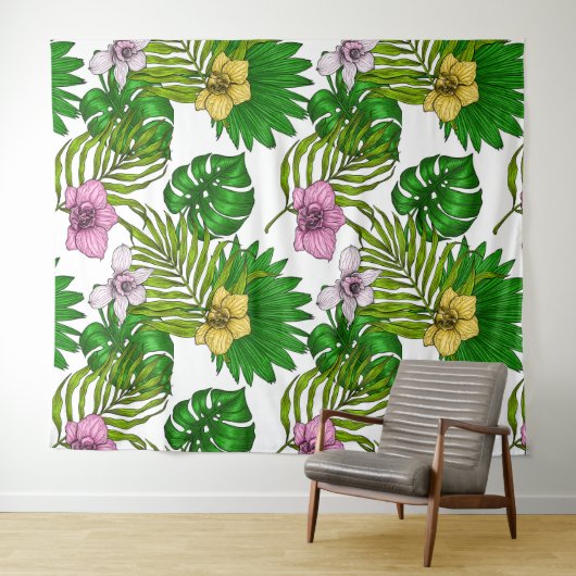 Orchideeën en palmbladeren, roze, geel, groen en w wandkleed (In Situ (horizontaal))