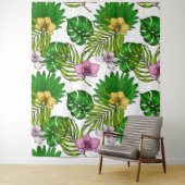 Orchideeën en palmbladeren, roze, geel, groen en w wandkleed (In situ)