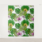 Orchideeën en palmbladeren, roze, geel, groen en w wandkleed (Voorkant)