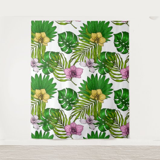 Orchideeën en palmbladeren, roze, geel, groen en w wandkleed (Voorkant)