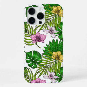Orchideeën en palmenbladeren, roze, geel, groen en iPhone 16 pro max hoesje