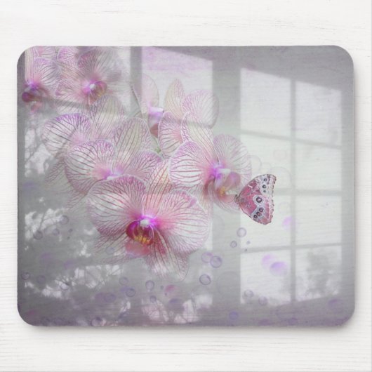Orchideeën en vlinder op vensterschaduw muismat (Voorkant)