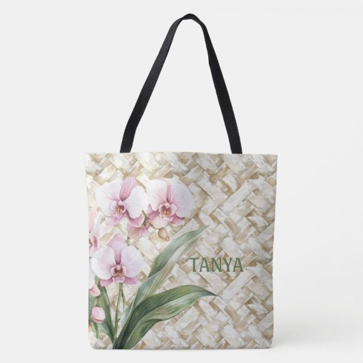 Orchideeën op geweven patroon | Gepersonaliseerd Tote Bag (Voorkant)