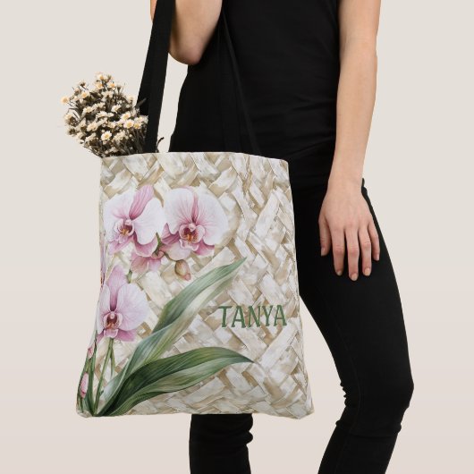 Orchideeën op geweven patroon | Gepersonaliseerd Tote Bag (Dichtbij)