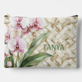 Orchideeën op geweven patroon | make-up etui (Voorkant)