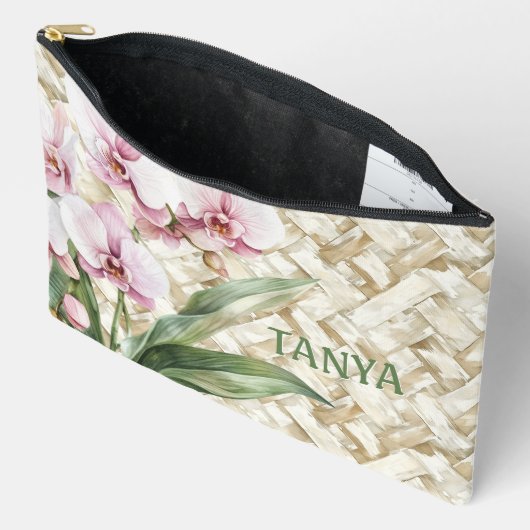 Orchideeën op geweven patroon | make-up etui (Open)