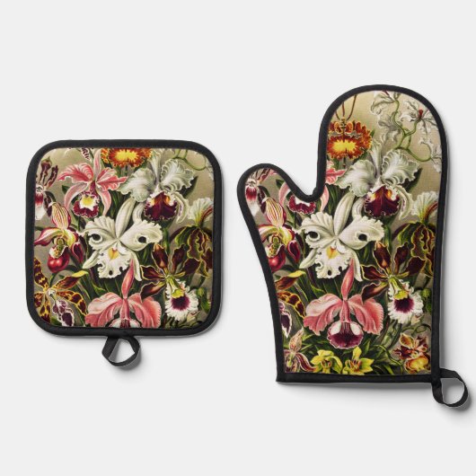 Orchideeën, Orchideae Denusblumen Ernst Haeckel Ovenwant & Pannenlap Set (Voorkant)