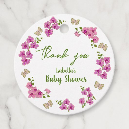 Orchideeën Tropisch Butterfly Paars Pin Baby showe Bedankjes Labels (Voorkant)