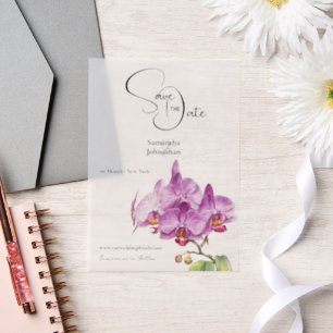 Orchideeënbloemen paarse bloemblaadjes slaan de da vellum uitnodigingen