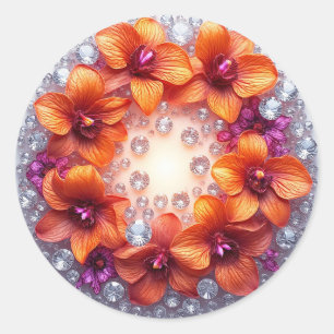 Orchideeënbloesems ingebed in kristallen ronde sticker