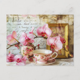 Orchids alongside a teacup and picture frame briefkaart