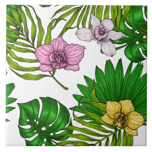 Orchids and palm leaves, pink, yellow, green and w tegeltje (Voorkant)