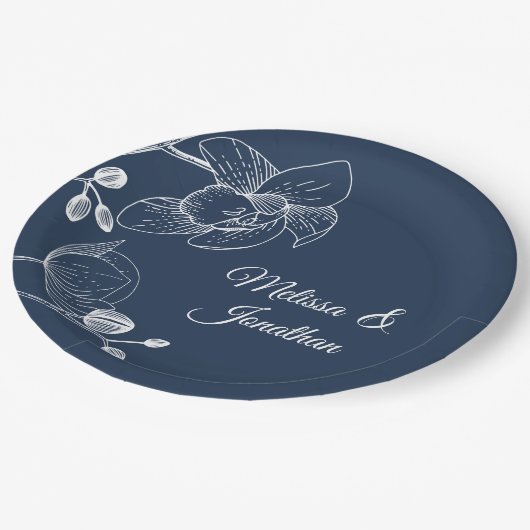 Orchids floremanje modern blauw elegant bruiloft papieren bordje (Gekanteld)