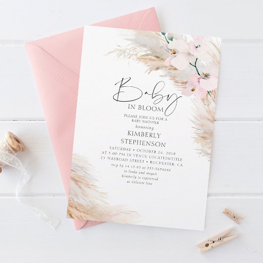 Orchids Pampas Grass Baby in Bloom Baby shower Inv Kaart