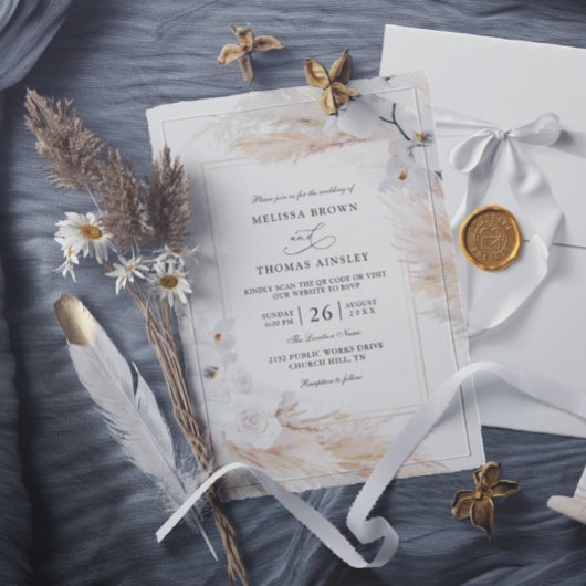 Orchids Pampas Grass Budget QR Code Wedding Kaart