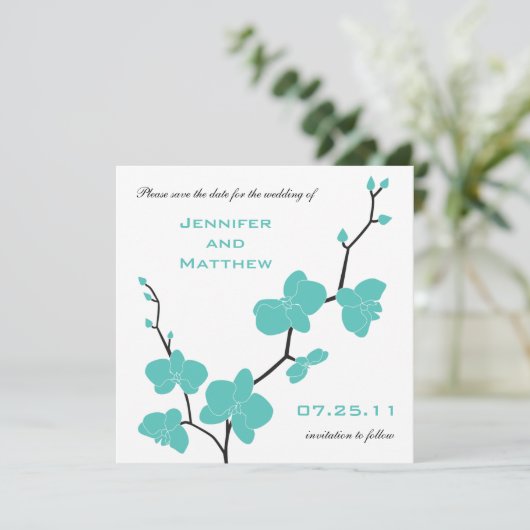 Orchids Save the Date - Turquoise Blue en Black (Staand voorkant)