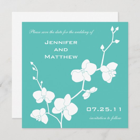 Orchids Save the Date - Turquoise Blue en White (Voorkant / Achterkant)
