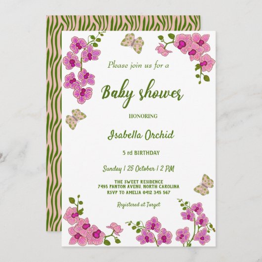 Orchids Tropical Butterfly Baby Shower Invitation Kaart (Voorkant / Achterkant)