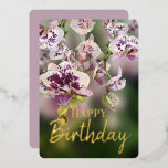 Orchids Tropical Floral Happy Birthday Real Gold Folie Feestdagenkaart<br><div class="desc">Blooming orchideeën floral bouqet met blije verjaardagstekst in aanpasbare Gold-,  Silver- of Roos Gold-folie</div>
