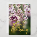 Orchids Tropical Floral Happy Birthday Real Gold Folie Feestdagenkaart<br><div class="desc">Blooming orchideeën floral bouqet met blije verjaardagstekst in aanpasbare Gold-,  Silver- of Roos Gold-folie</div>