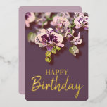 Orchids Tropical Floral Happy Birthday Real Gold Folie Feestdagenkaart<br><div class="desc">Blooming orchideeën floral bouqet met blije verjaardagstekst in aanpasbare Gold-,  Silver- of Roos Gold-folie</div>