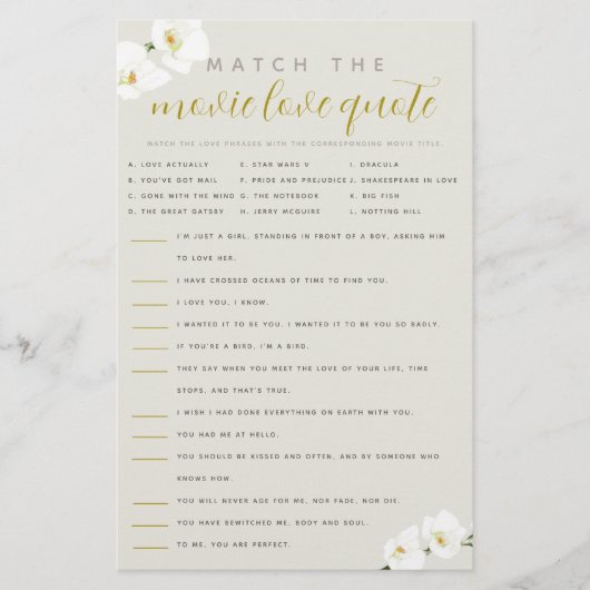 Orchids Vrijgezellenfeest Game Match Filmcitaten Flyer (Voorkant)