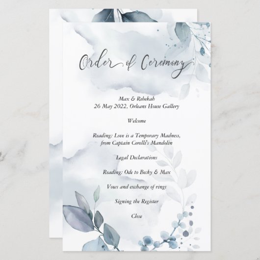 Orde van Ceremonie Wispy Dusty Blue Foliage (Voorkant / Achterkant)