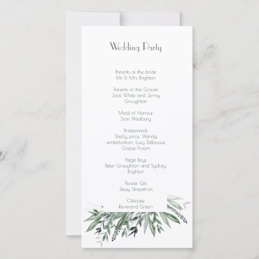 Orde van dienst, Greenery #1, trouwgegevens (Achterkant)