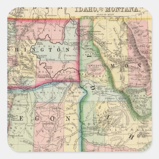 Ore, Wash, Idaho, Mont Map van Mitchell Vierkante Sticker (Voorkant)