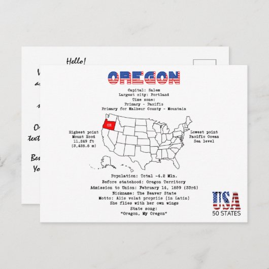 Oregon American state op een kaart en nuttige info (Voorkant / Achterkant)