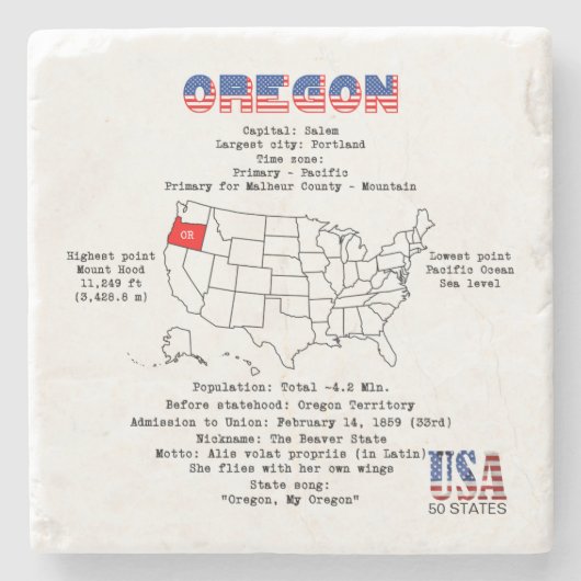 Oregon American state op een kaart en nuttige info Stenen Onderzetter (Voorkant)