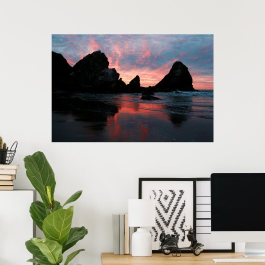 Oregon Coast Sunrise Beach Rocks Nature Photo Poster (Thuiskantoor)