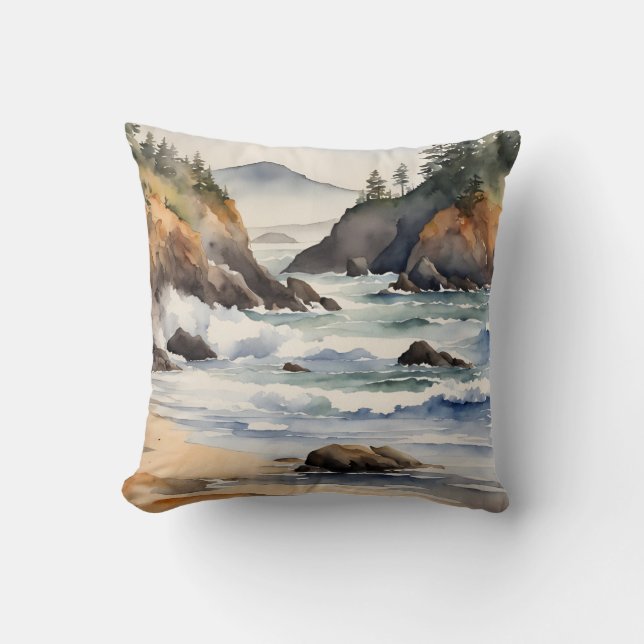 Oregon Coast Waterverf Beach Scene Kussen (Voorkant)