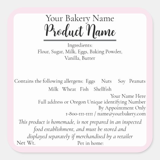 Oregon Cottage Food Business Pink Baking Label (Voorkant)