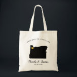 Oregon Map Wedding Welcome Bag Tas, zwart & goud Tote Bag<br><div class="desc">Het weekend van de bruiloft heet cadeautas voor gasten uit de stad voor je bruiloft,  met afbeelding van Oregon,  met gouden hart. Vul tas met je favoriete godies.</div>