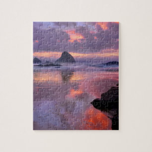Oregon strand en zee stapels, zonsondergang legpuzzel