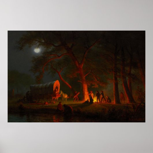 Oregon Trail Conestoga Wagon Maneschijn Kampvuur Poster (Voorkant)