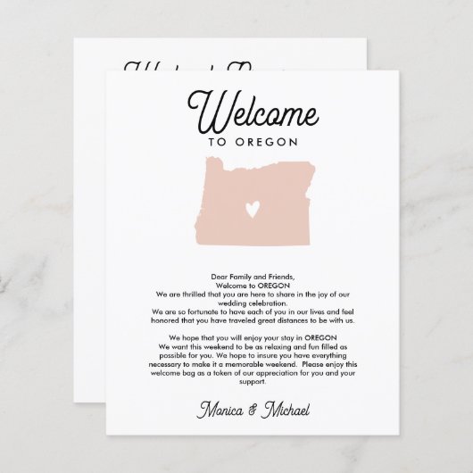OREGON Welcome Letter & Itinerary ANY COLOR (Voorkant / Achterkant)