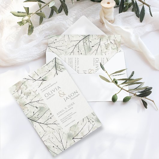 Organic Dusty Sage Khaki Floral Invitation Kaart
