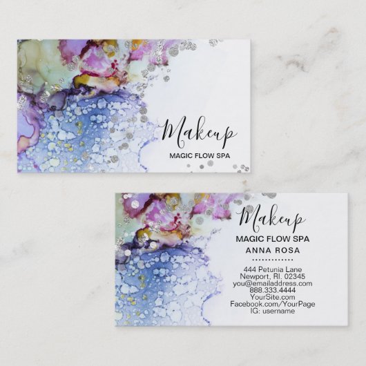 *~* Organic Flow Waterverf Abstract Glitter Blue Visitekaartje (Voorkant / Achterkant)