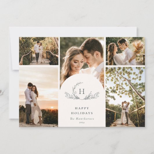 Organic Monogram 5 Photo Holiday Kaart (Voorkant)