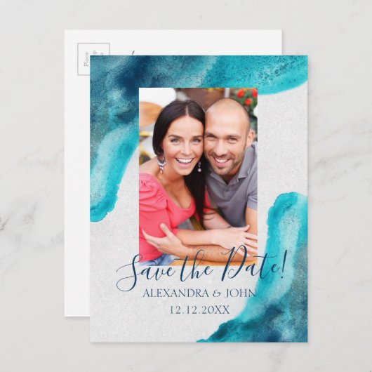 Organic Ocean Blue Waterverf Save the Date Invite Aankondigingskaart (Voorkant / Achterkant)