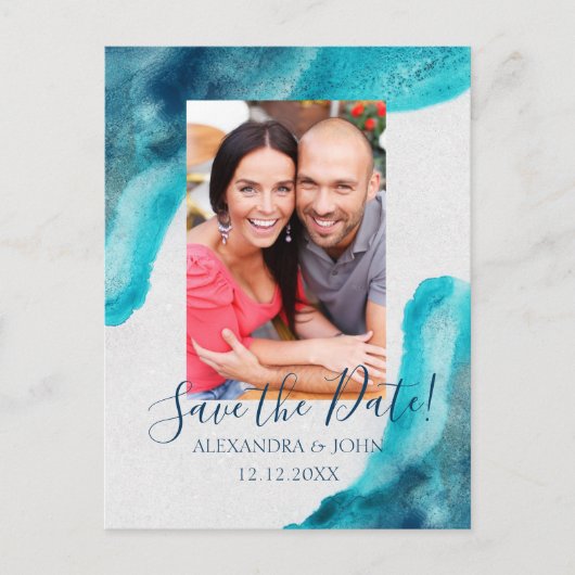Organic Ocean Blue Waterverf Save the Date Invite Aankondigingskaart (Voorkant)