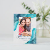 Organic Ocean Blue Waterverf Save the Date Invite Aankondigingskaart (Staand voorkant)