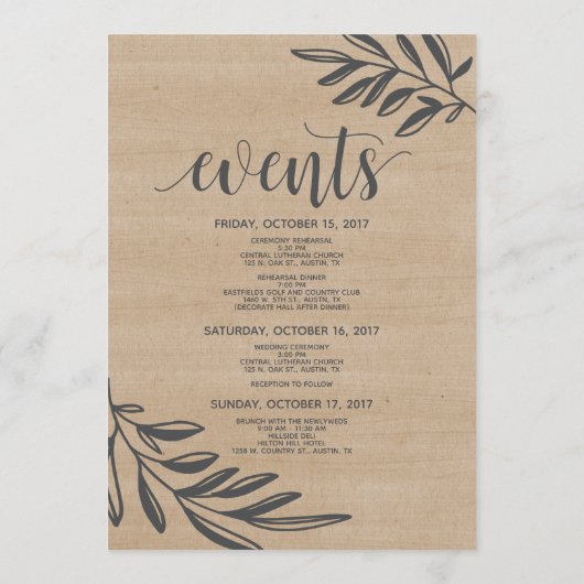 Organic Rustic Wedding Welcome and Itinerary Card Programmakaart (Achterkant)