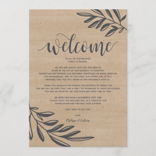 Organic Rustic Wedding Welcome and Itinerary Card Programmakaart (Voorkant)