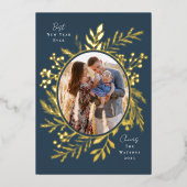 Organic Winter Botanicals Oval Photo Shape Navy Folie Feestdagenkaart (Voorkant)