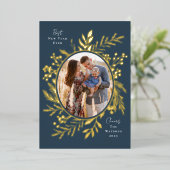 Organic Winter Botanicals Oval Photo Shape Navy Folie Feestdagenkaart (Staand Voorkant)