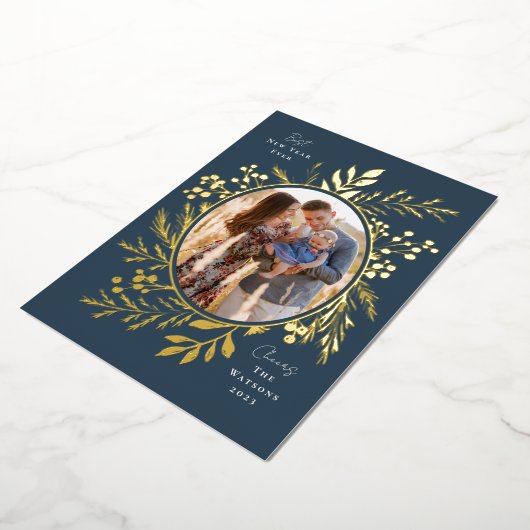 Organic Winter Botanicals Oval Photo Shape Navy Folie Feestdagenkaart (Gedraaid)